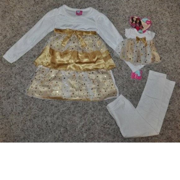 *Christmas Dress, Leggings 6/6X Gold White What A Doll 18" Dress 3 Pc Set Girls - Picture 2 of 11